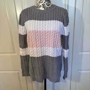 Tommy Hilfiger grey white pink striped cable knit crewneck pullover sweater XL